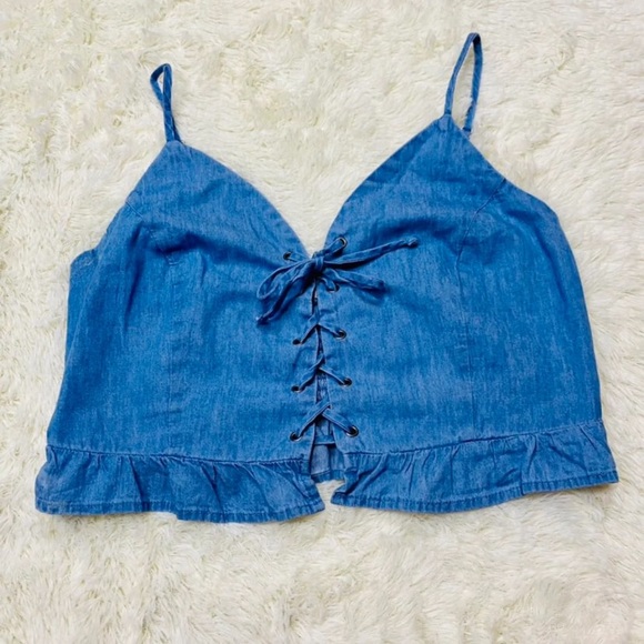 Active USA Tops - Denim Lace Up Crop Top Size Large by Active USA